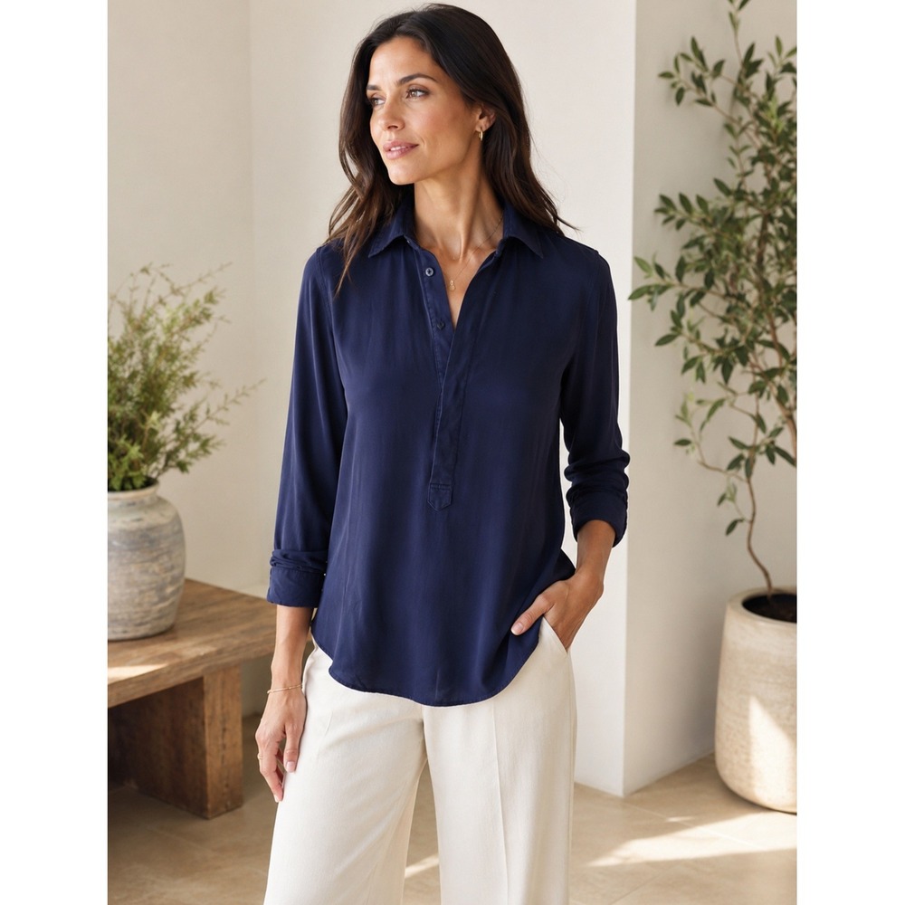 Polo Ralph Lauren‎ Navy Blue 100% Mulberry Silk Popover Tunic Blouse XS